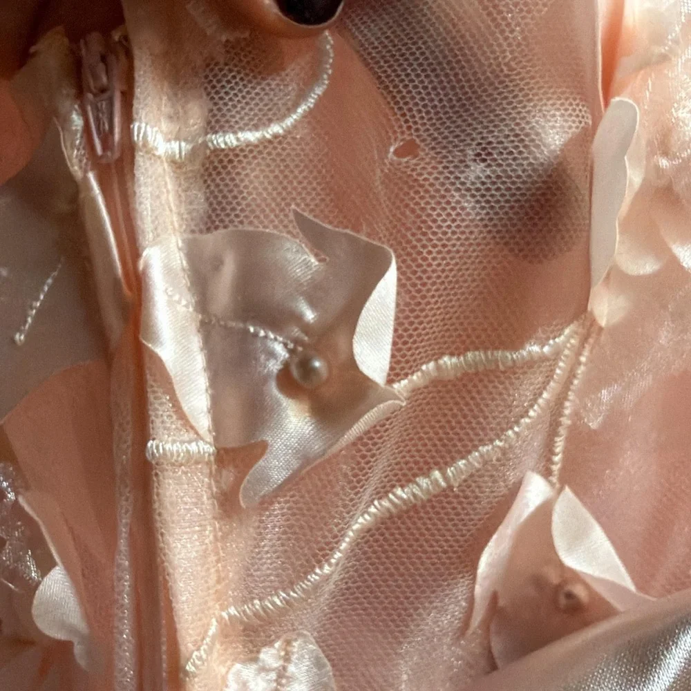 Girls Size 14 Blush Pink Floral Applique Tulle Party Dress w/ Satin Bow